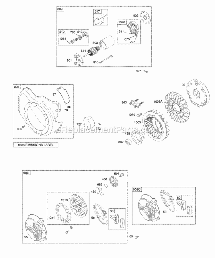 Blower Housing Electric Starter Flywheel Rewind Starter Diagram and Parts List for 12H332-0113-B8  Briggs and Stratton Engine